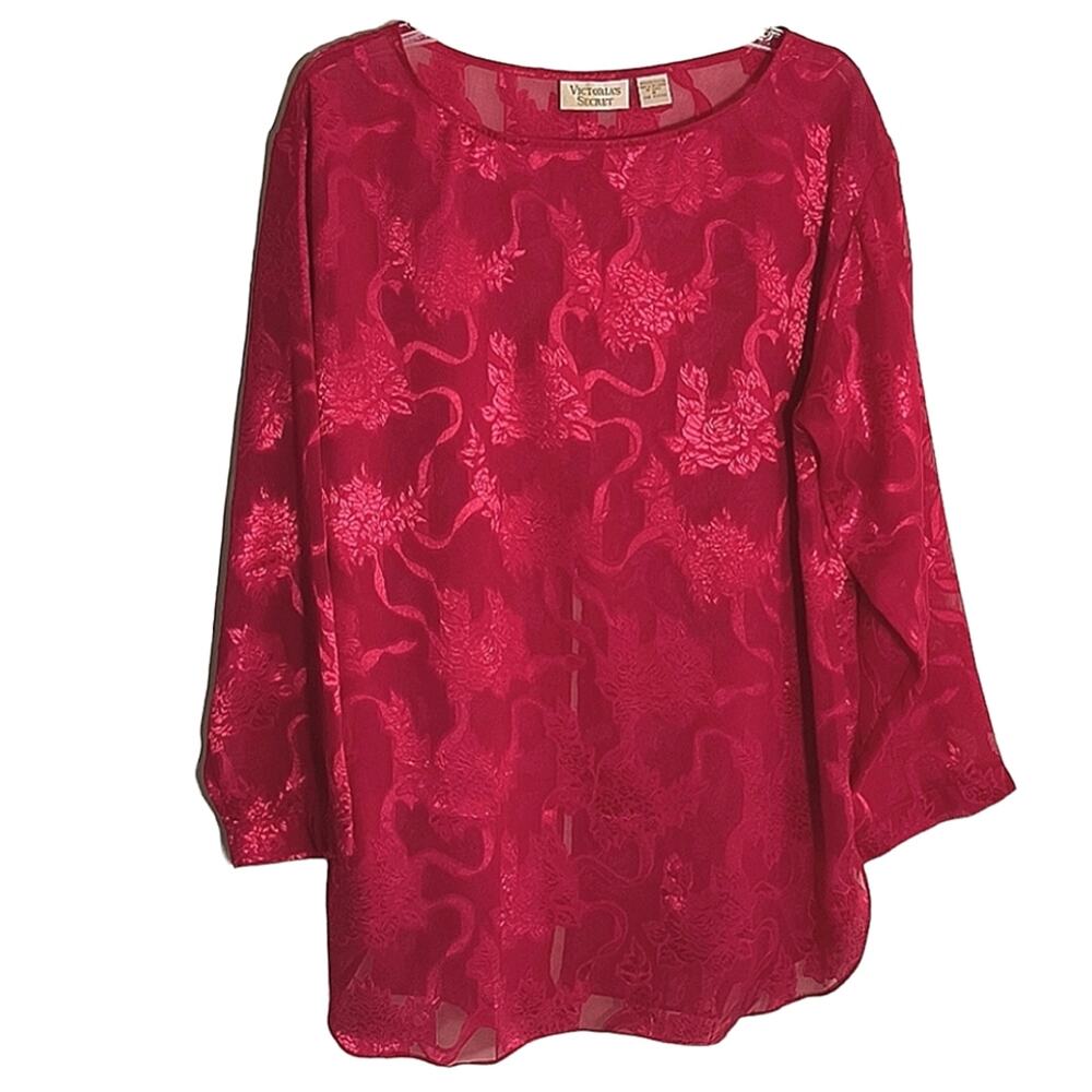 VICTORIA’S SECRET Tunic Top Women's Sz M Red  Sheer Chiffon Long Sleeve Vintage
